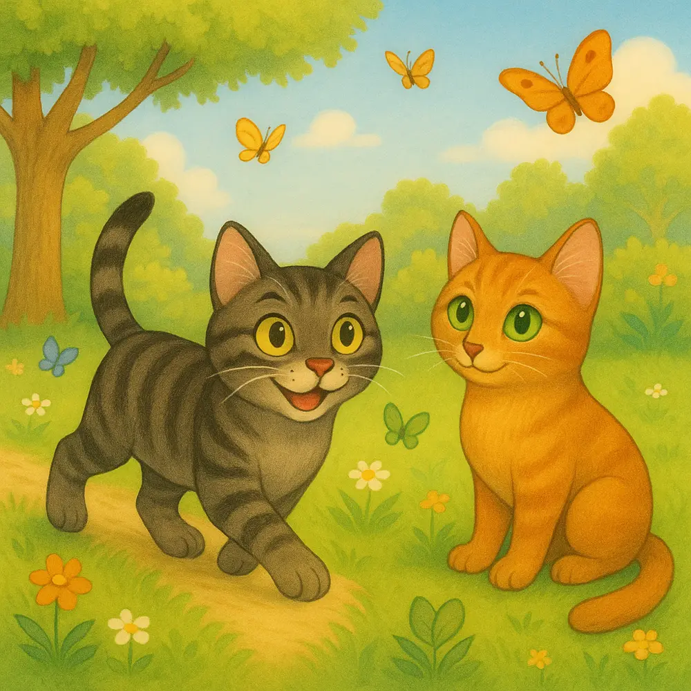Georgie, ein grau getigerter Kater, und seine orangefarbene Schwester Marie im sonnigen Garten.
