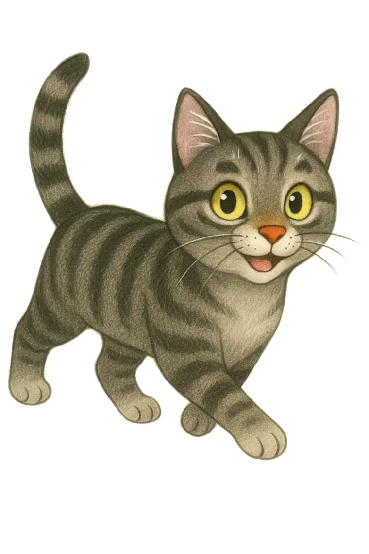 Der fröhliche grau getigerte Kater Georgie mit gelben Augen.