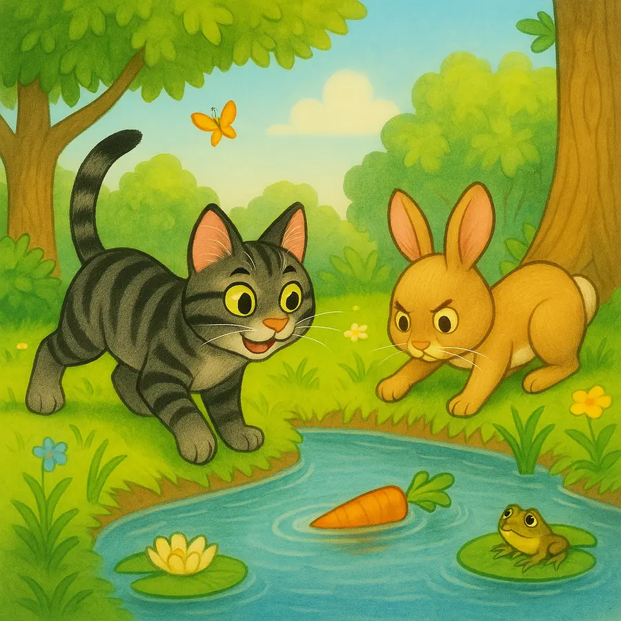 Georgie und das Kaninchen Lili stehen an einem kleinen Teich, in dem eine Karotte treibt.