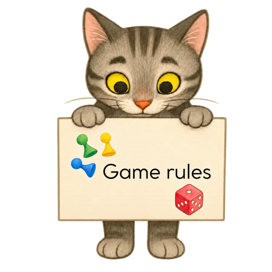 Georgie holds a sign reading ‘How to play’, with game pieces and a die beside him.