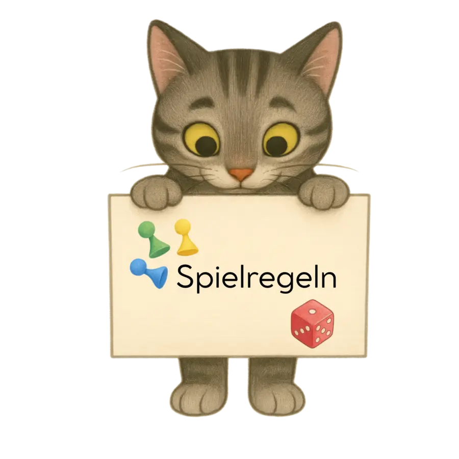 Georgie hält ein Schild mit der Aufschrift „Spielregeln“, daneben sind Spielfiguren und ein Würfel abgebildet.